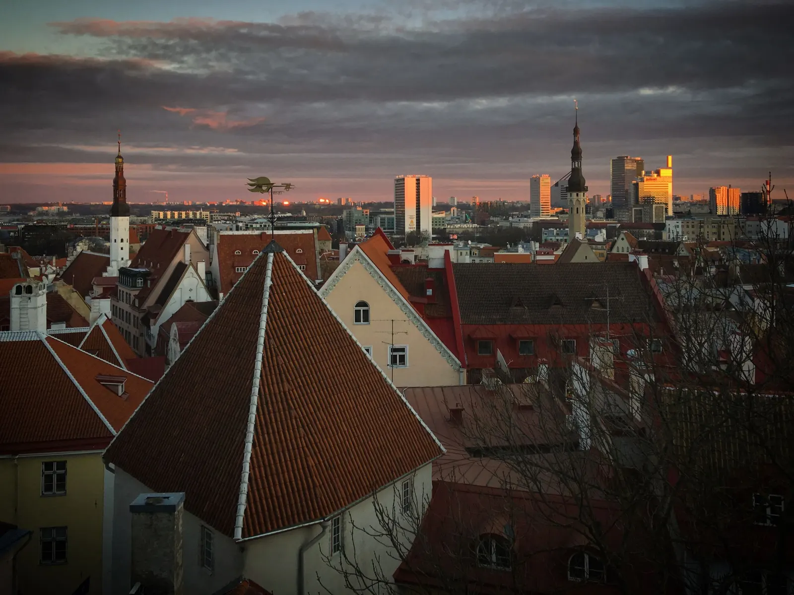 Tallinn at dusk, the Old Town roofs with the business district behind